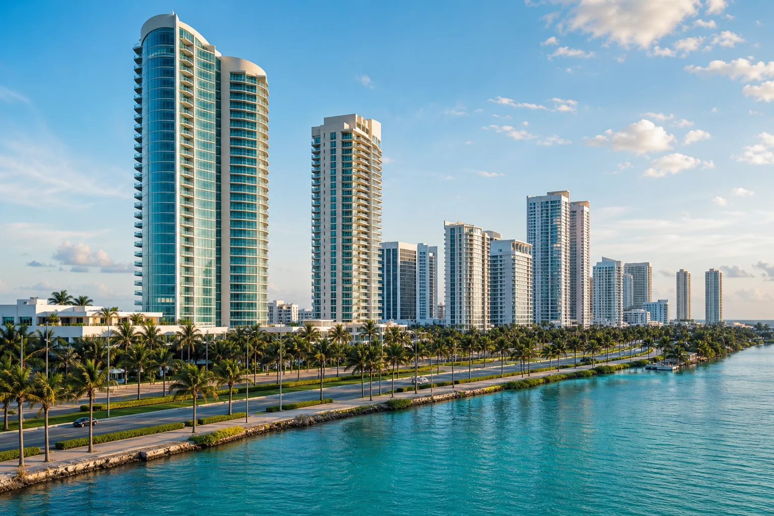 Modern high-rise towers in Cancún beside a turquoise lagoon in morning light