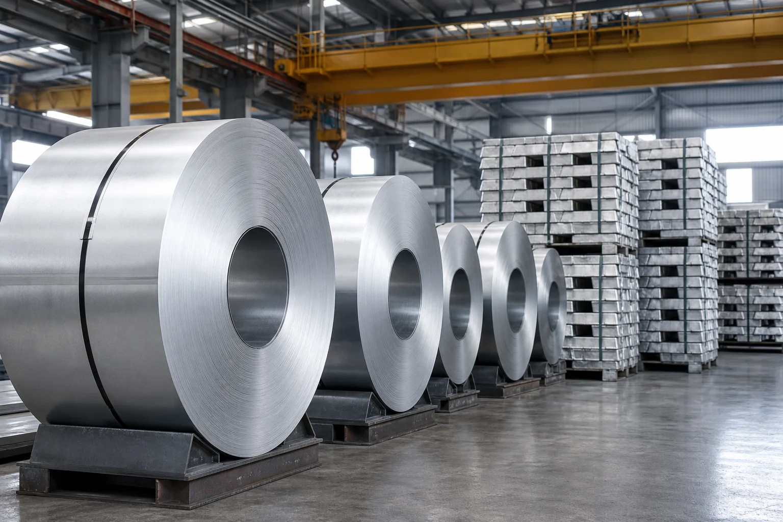 Rolled steel coils and stacked aluminium ingots in a bright industrial warehouse