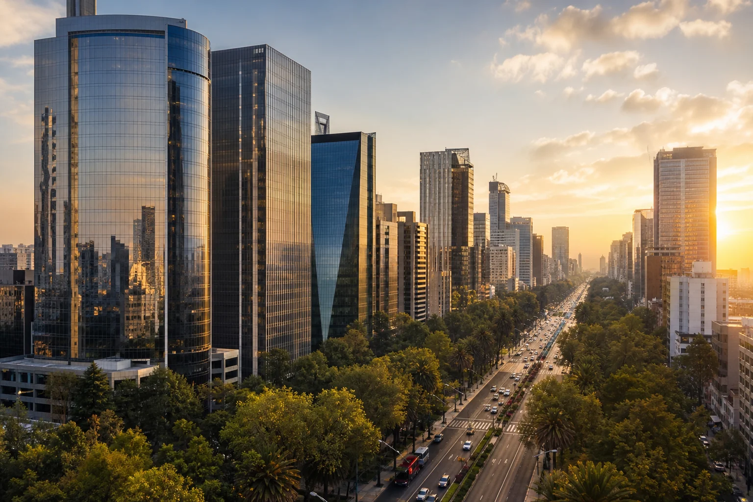 Glass office towers along the tree-lined Paseo de la Reforma in Mexico City at golden hour