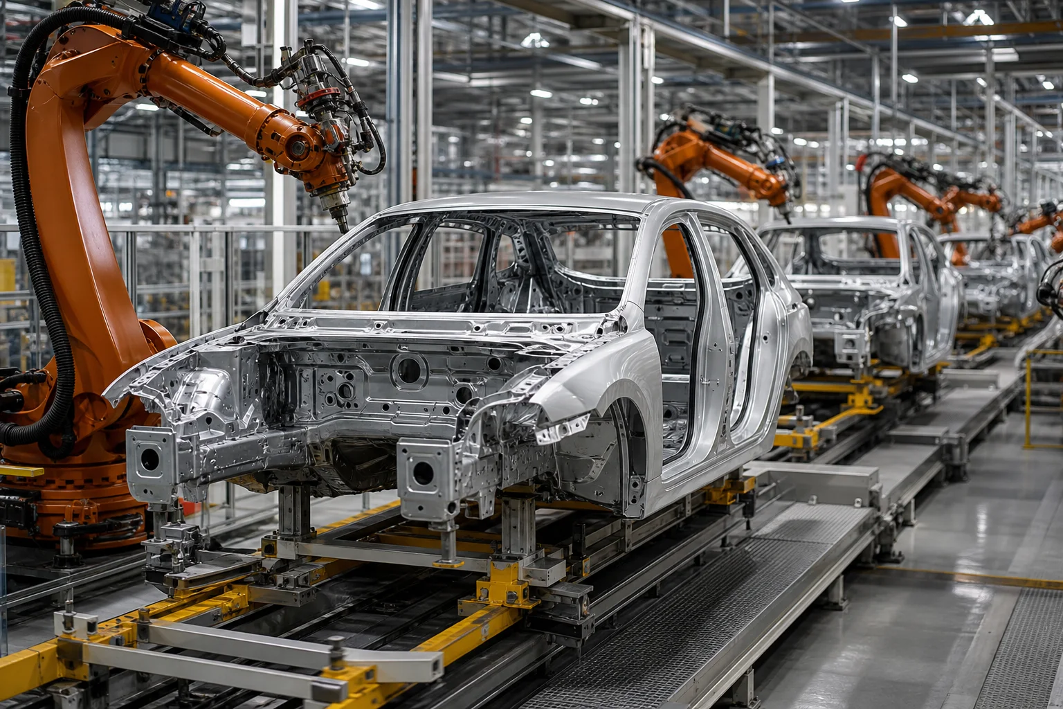 Car body shells on an automated vehicle assembly line with robotic arms