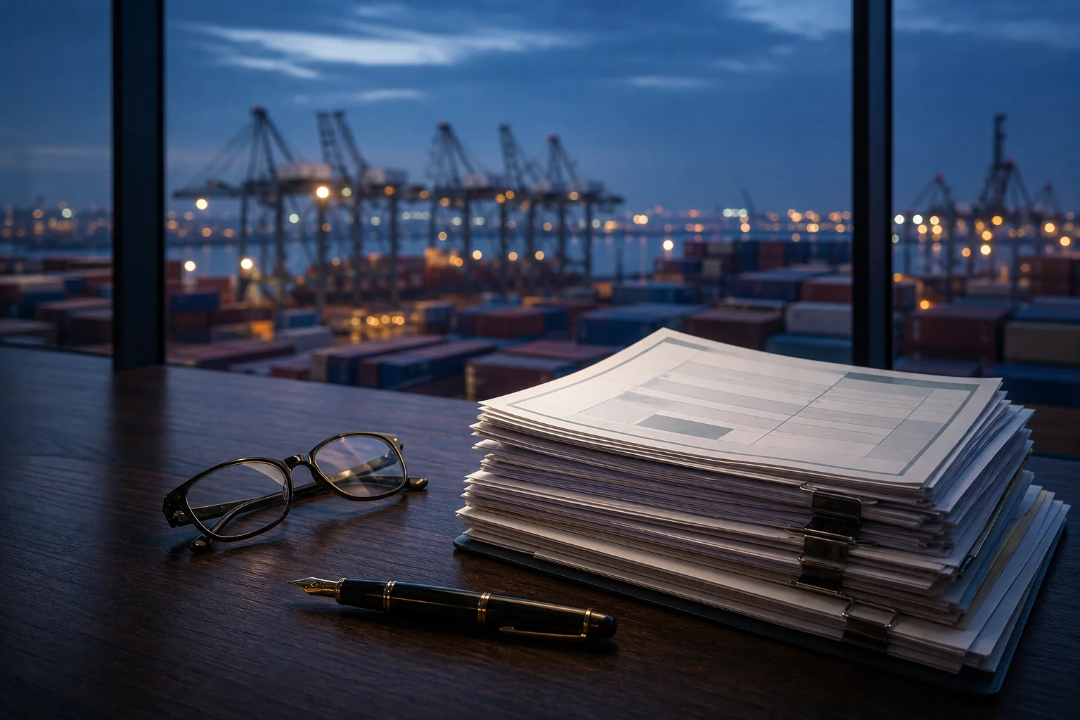 Documentos comerciales, una pluma y lentes de lectura sobre un escritorio junto a una ventana con vista a un puerto de contenedores al anochecer