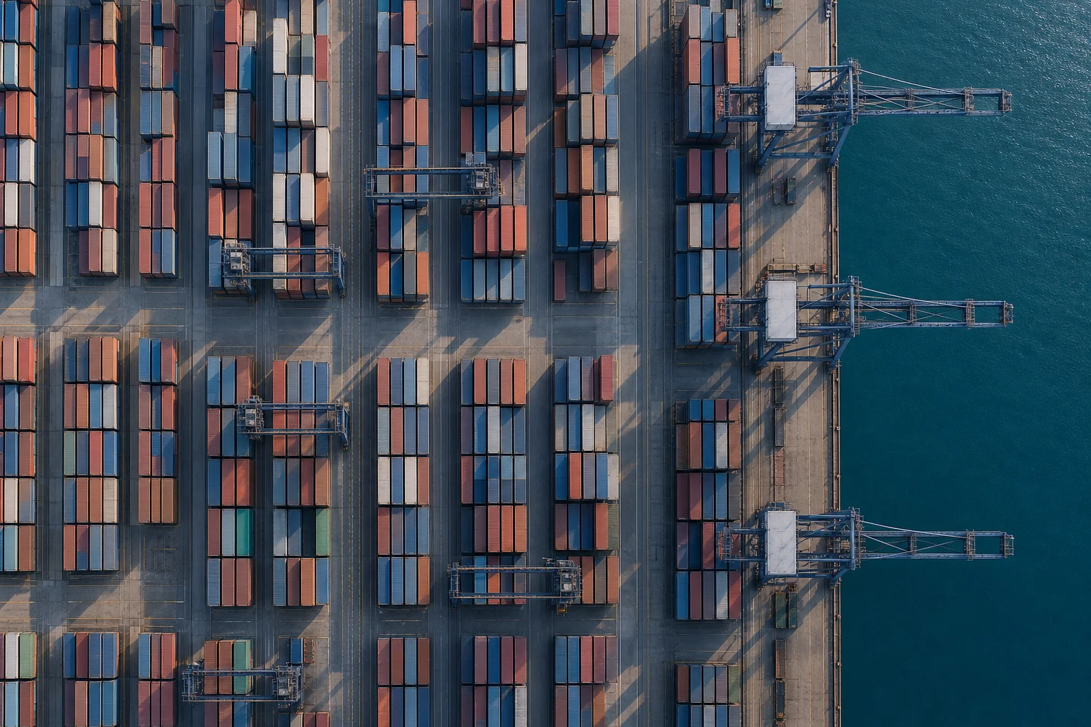 Aerial view of a container terminal at dawn, with rows of unmarked containers and gantry cranes beside calm water