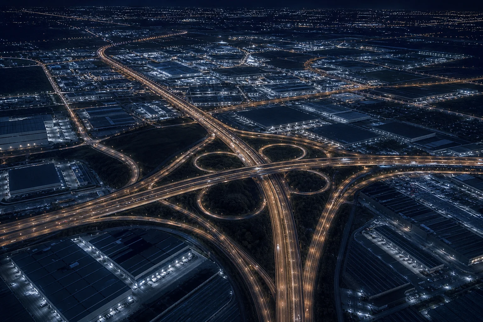 Night aerial view of a large highway interchange and logistics district, its roads lit like a route map