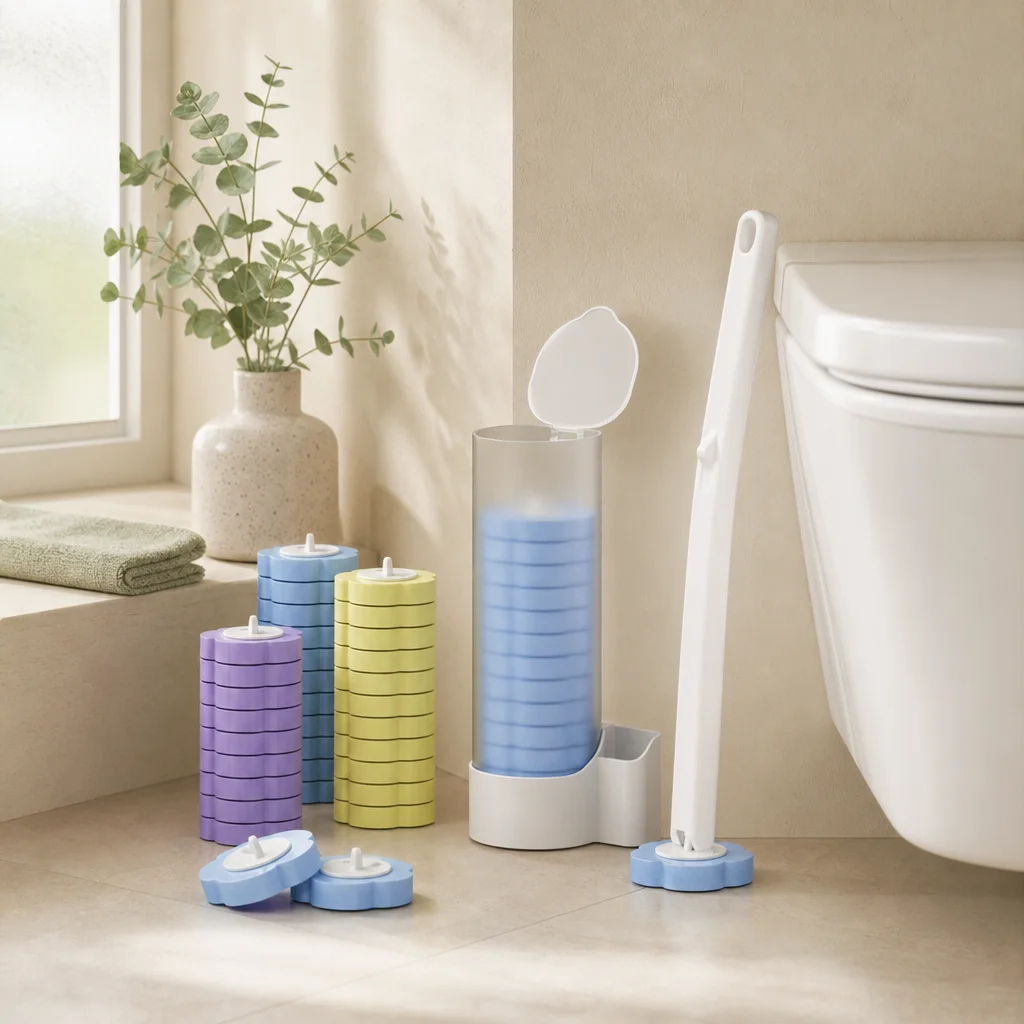 The wall-mounted toilet brush in a calm cream bathroom