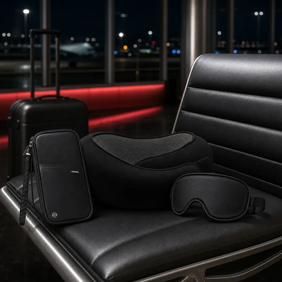 Noir Travel Kit with black pillow, sleep mask and passport holder in an airport lounge