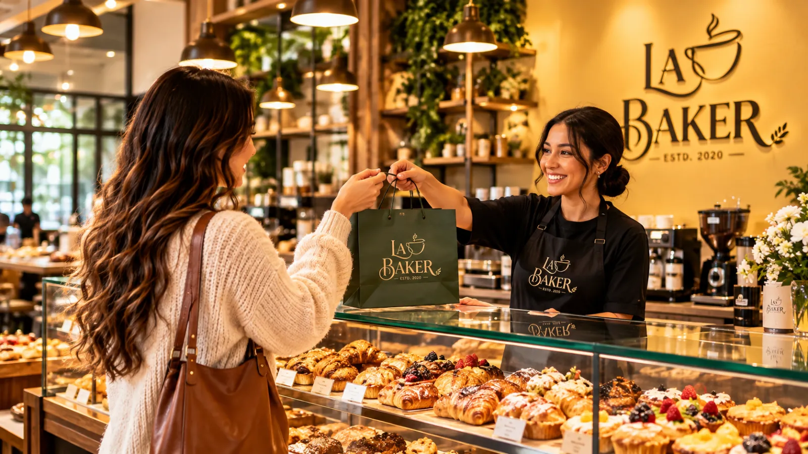 A customer receiving an LA Baker bag at the pastry counter