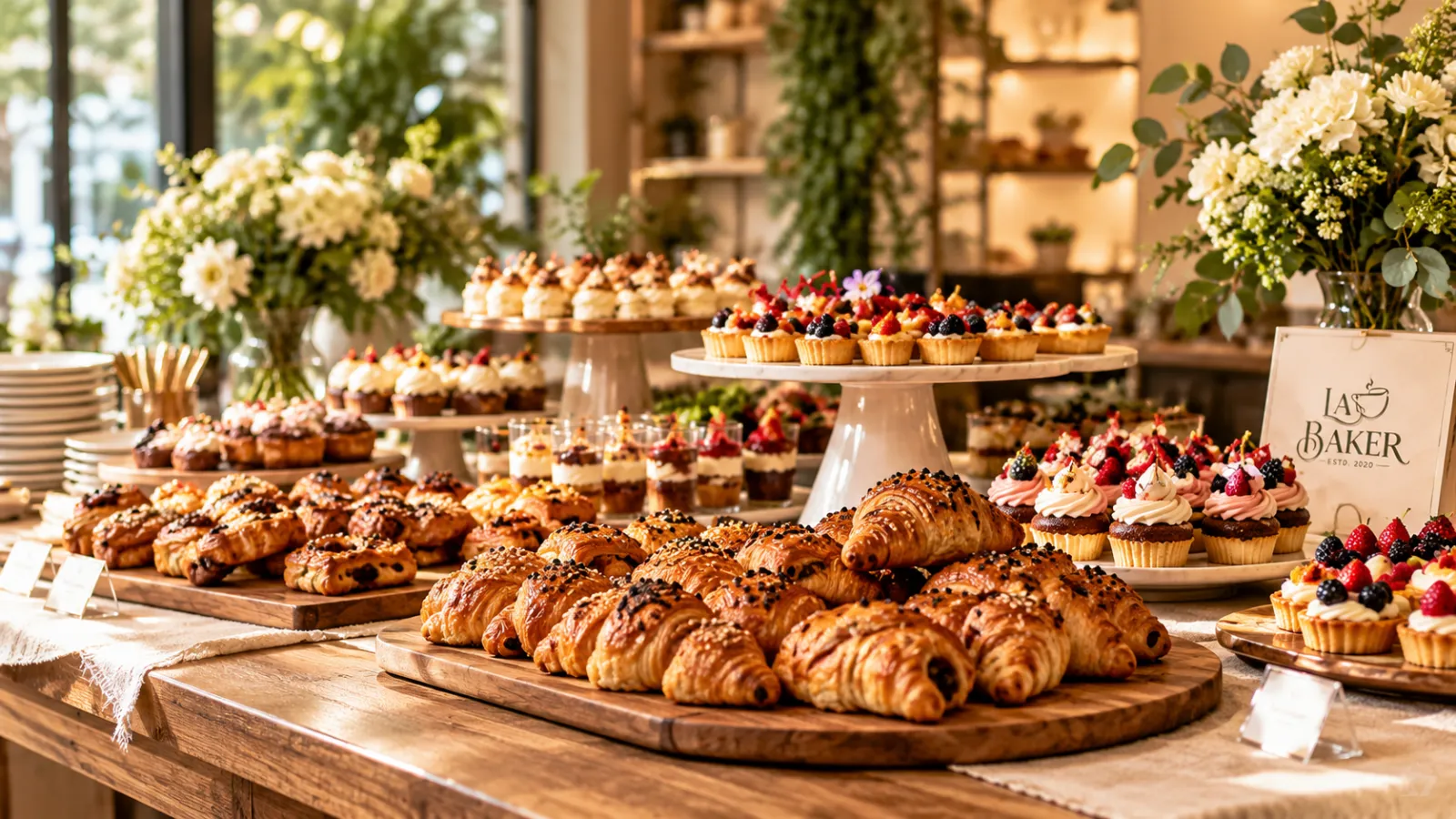 A catering table of croissants, tarts and cupcakes