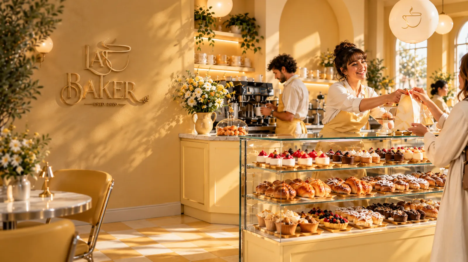 Staff serving a customer at the LA Baker pastry counter