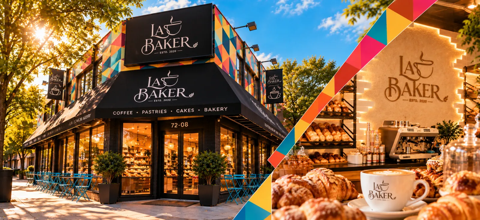 The La Baker coffee shop storefront at 72-08 Broadway, with its black awning and sign