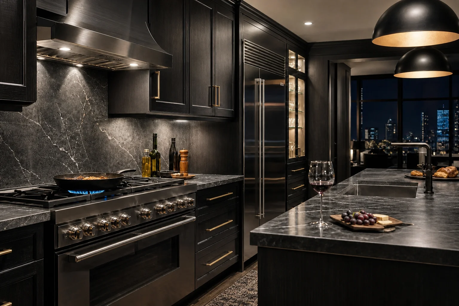 Dark luxury kitchen at night with cast iron on range, glass of wine, black cabinetry and charcoal marble