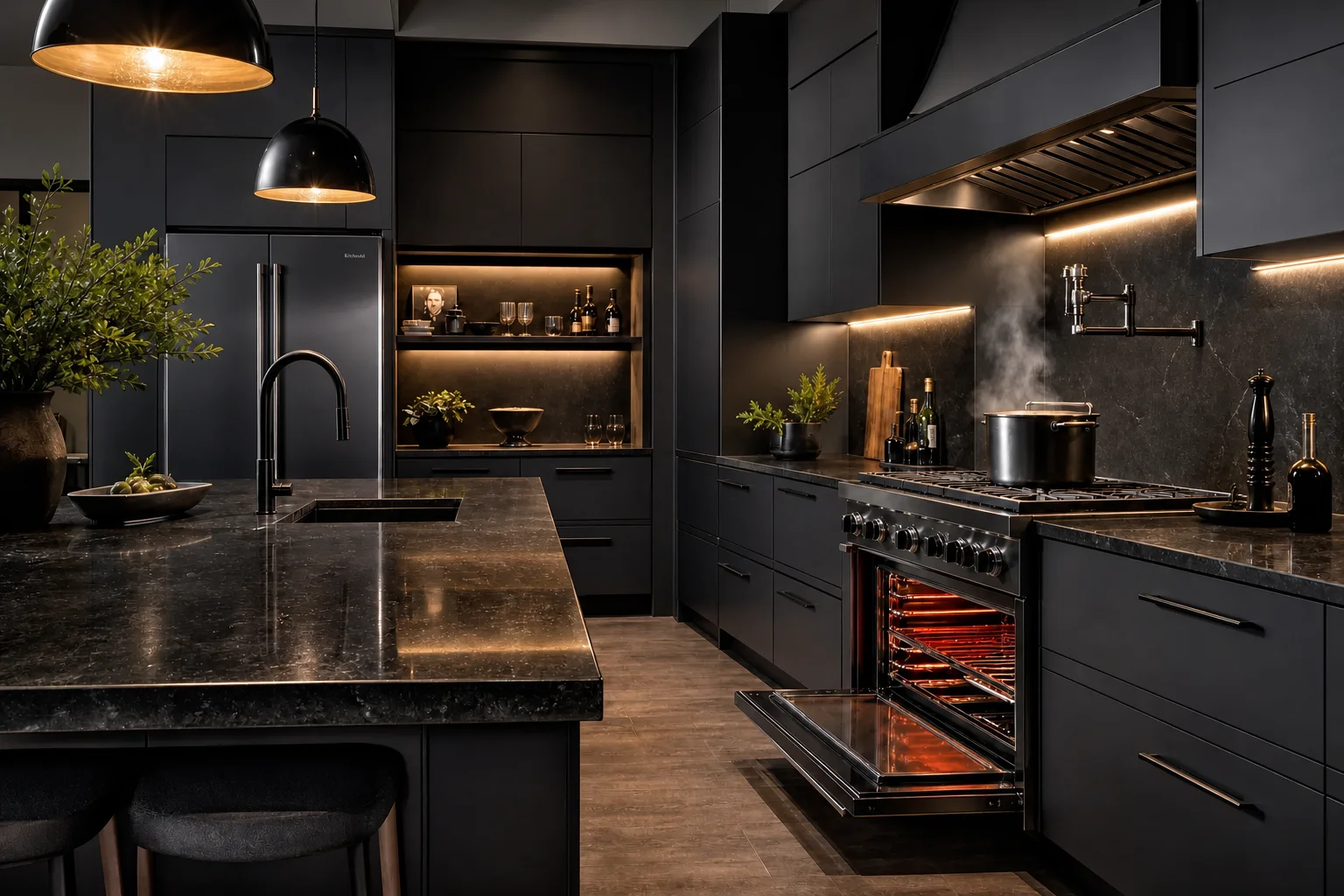 Nighttime kitchen with open oven glowing, black cabinetry, black stainless appliances, pendant lighting