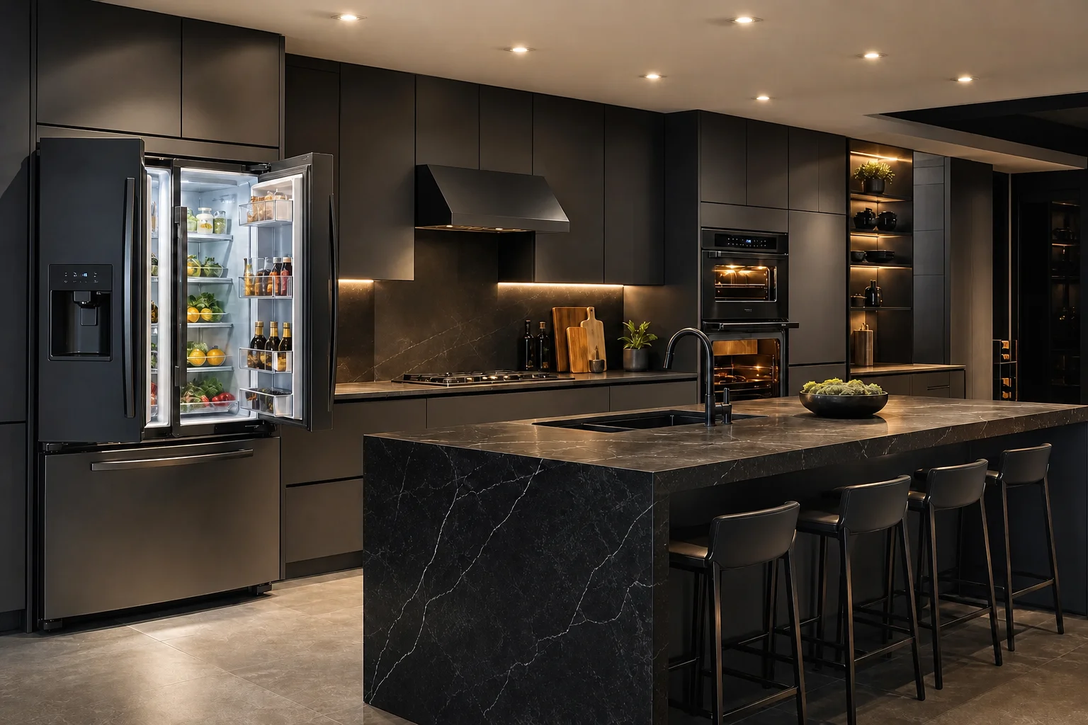 Nighttime kitchen with open fridge and wall oven, black cabinetry