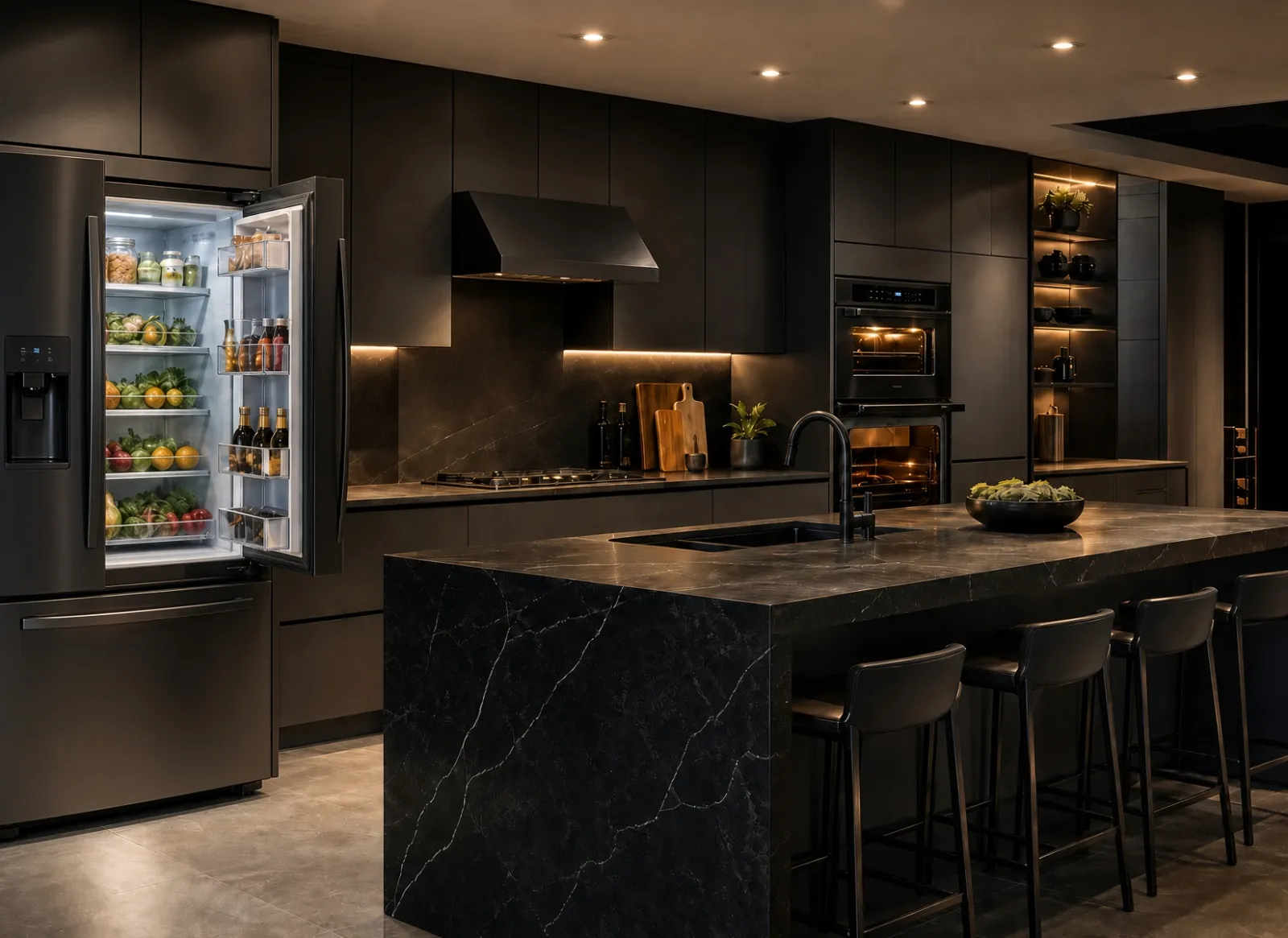 Dark luxury kitchen with open refrigerator, black marble waterfall island and wall ovens