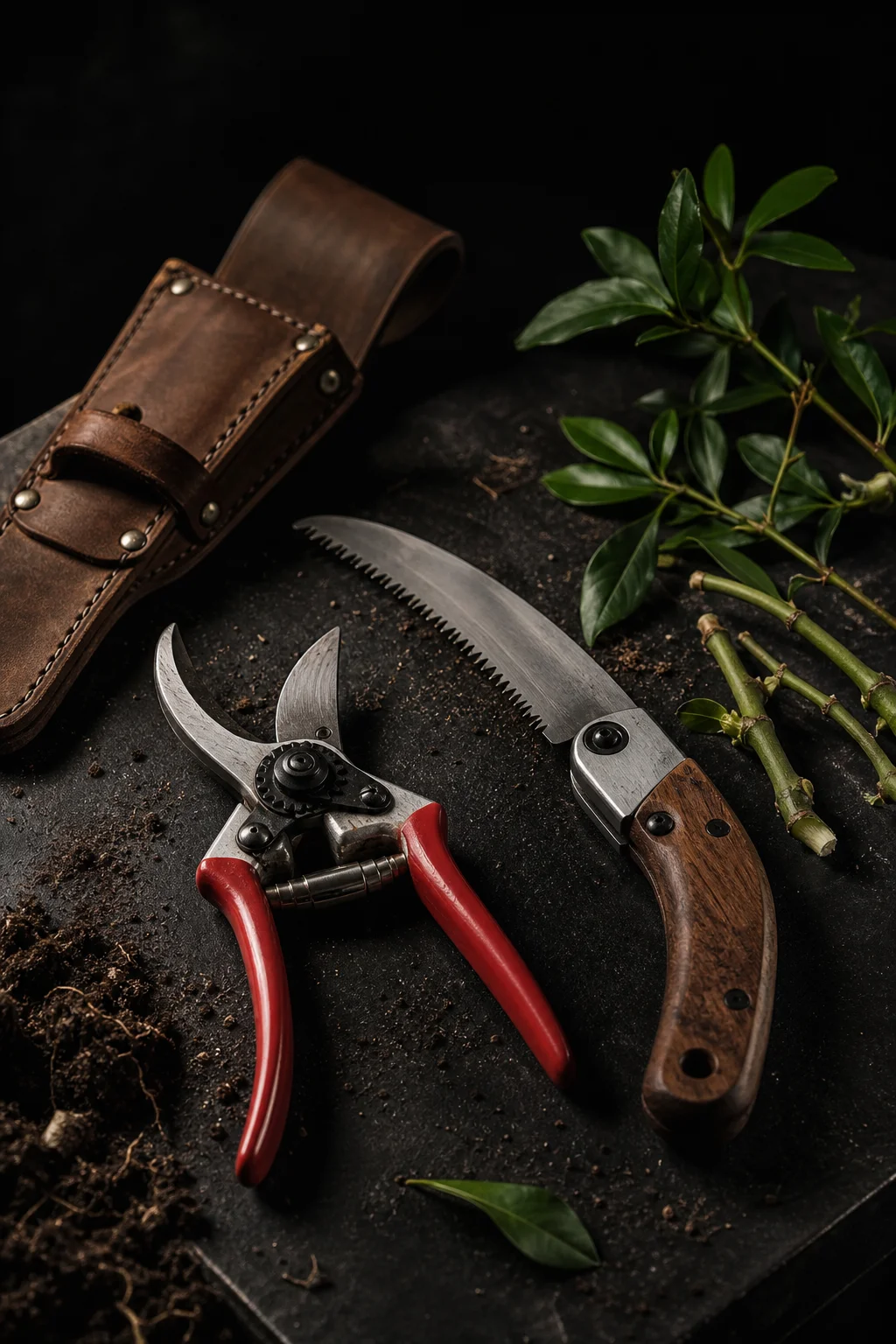 Professional pruning tools on a slate potting bench