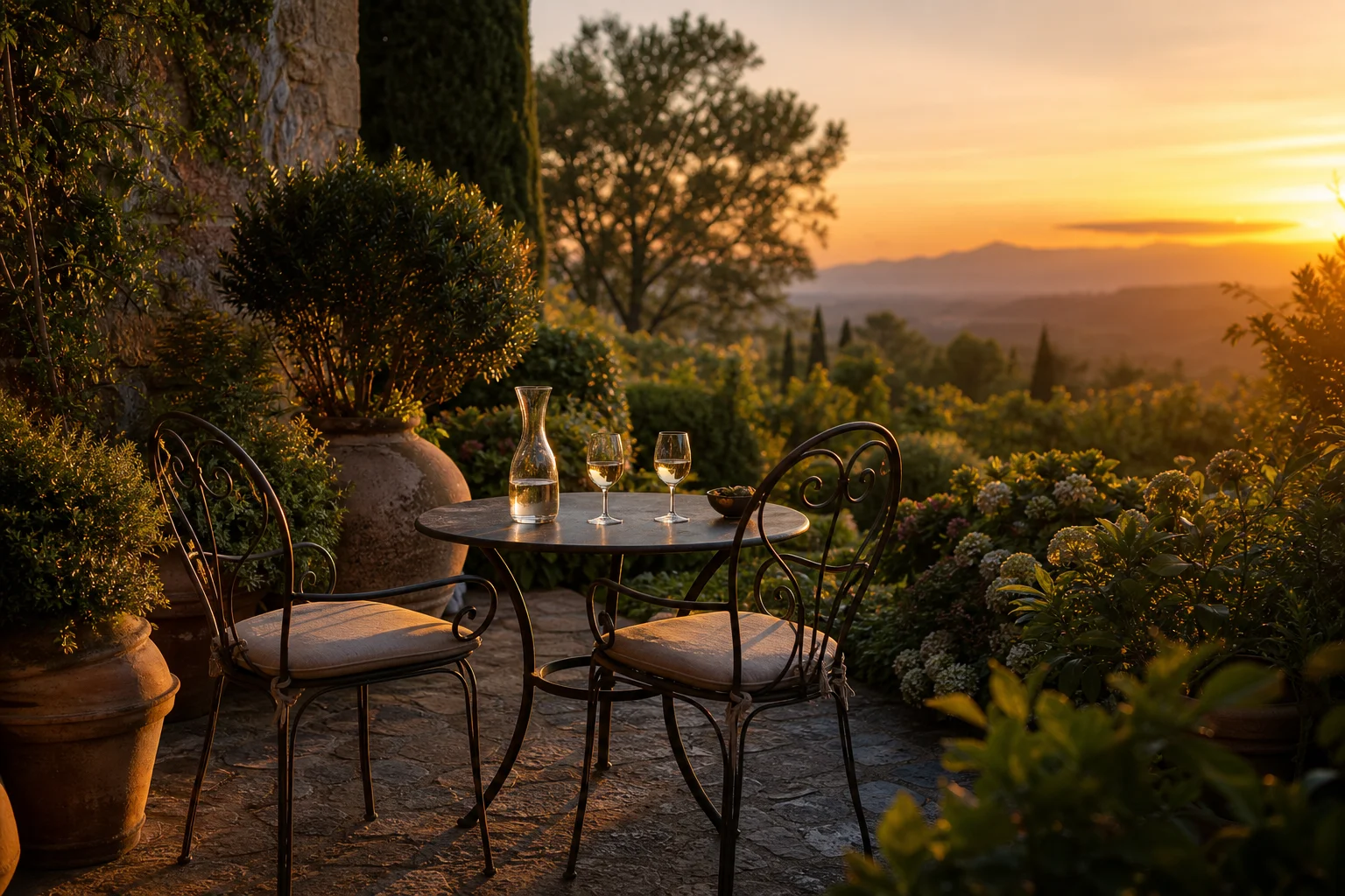 A bistro set on a stone terrace at dusk