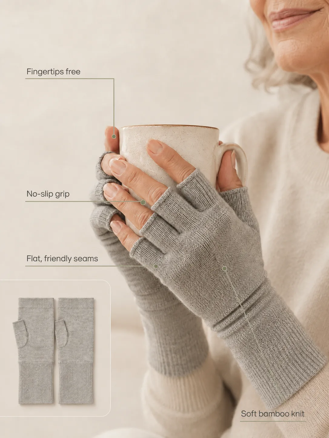 Feature callouts showing the glove in use