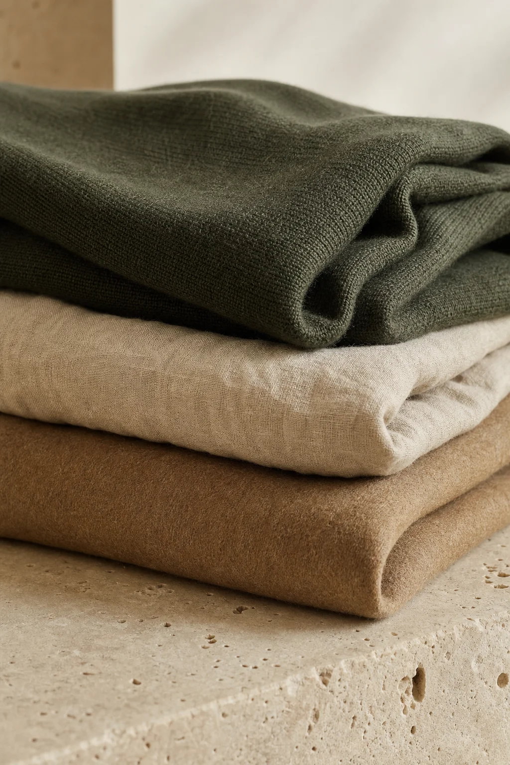 Folded merino, linen and wool fabrics on a stone table