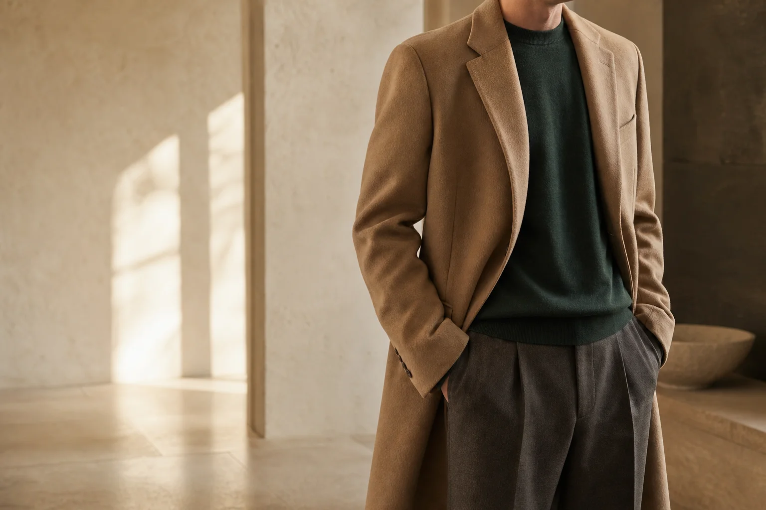 Camel wool-blend overcoat layered over a forest green merino jumper