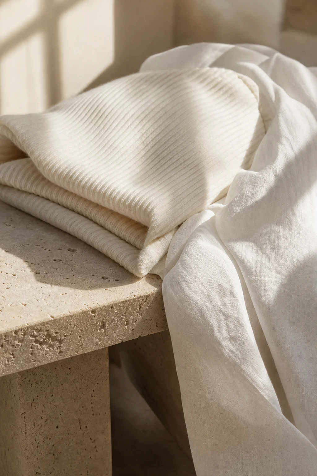 White ribbed knit and linen folded on a travertine bench in late sun