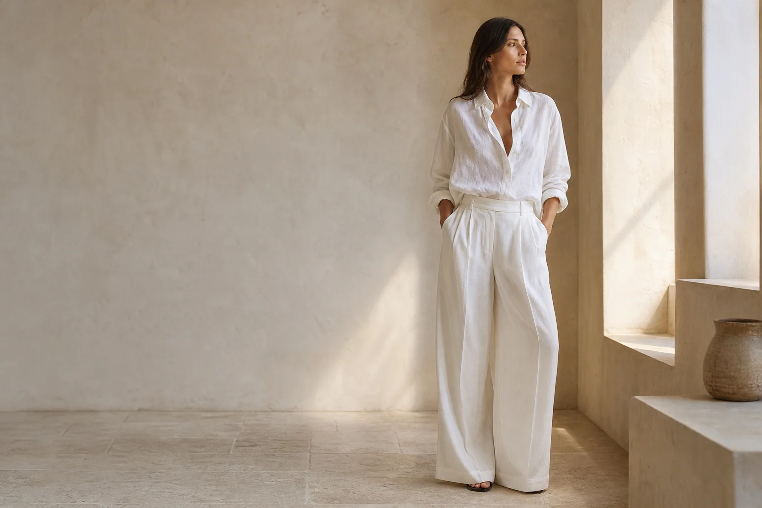 A woman in a white linen shirt and pleated trousers in a sunlit stone room