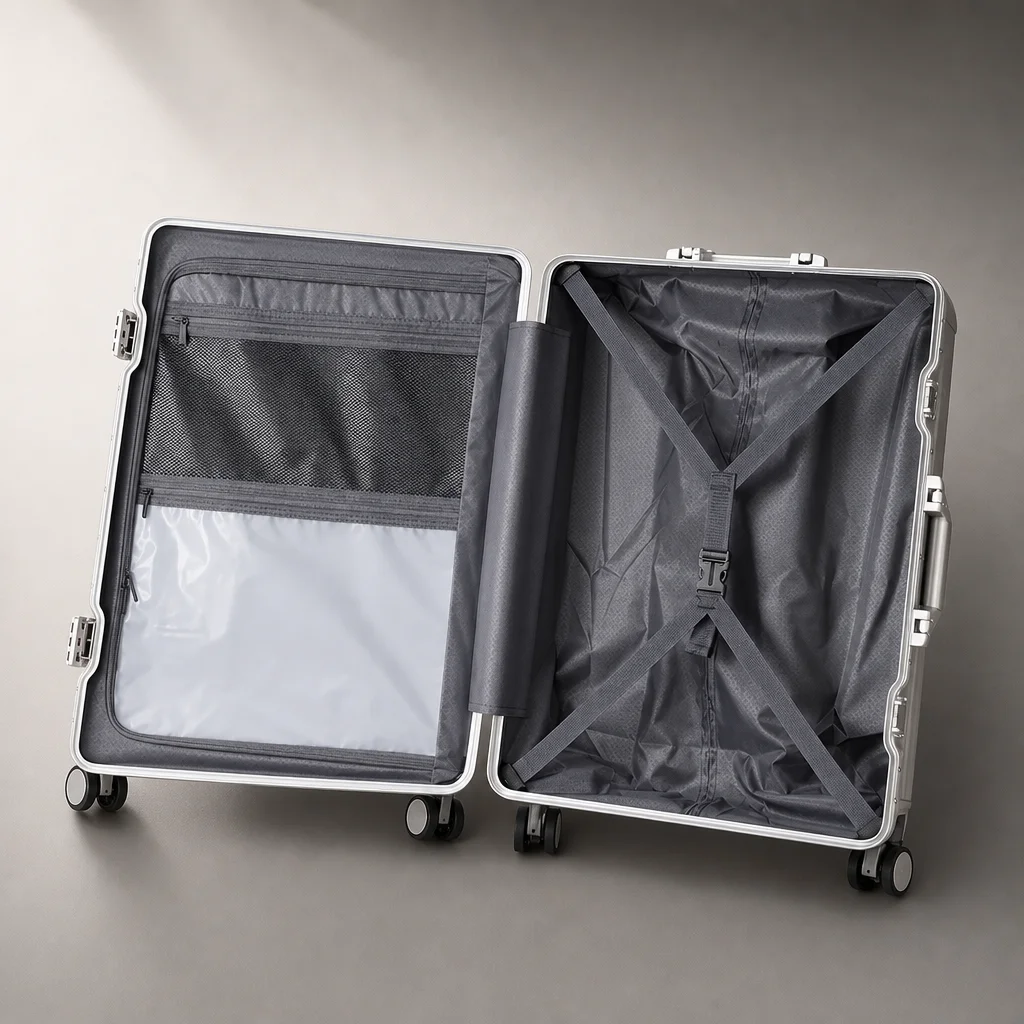 The open case showing its dual-compartment interior organization
