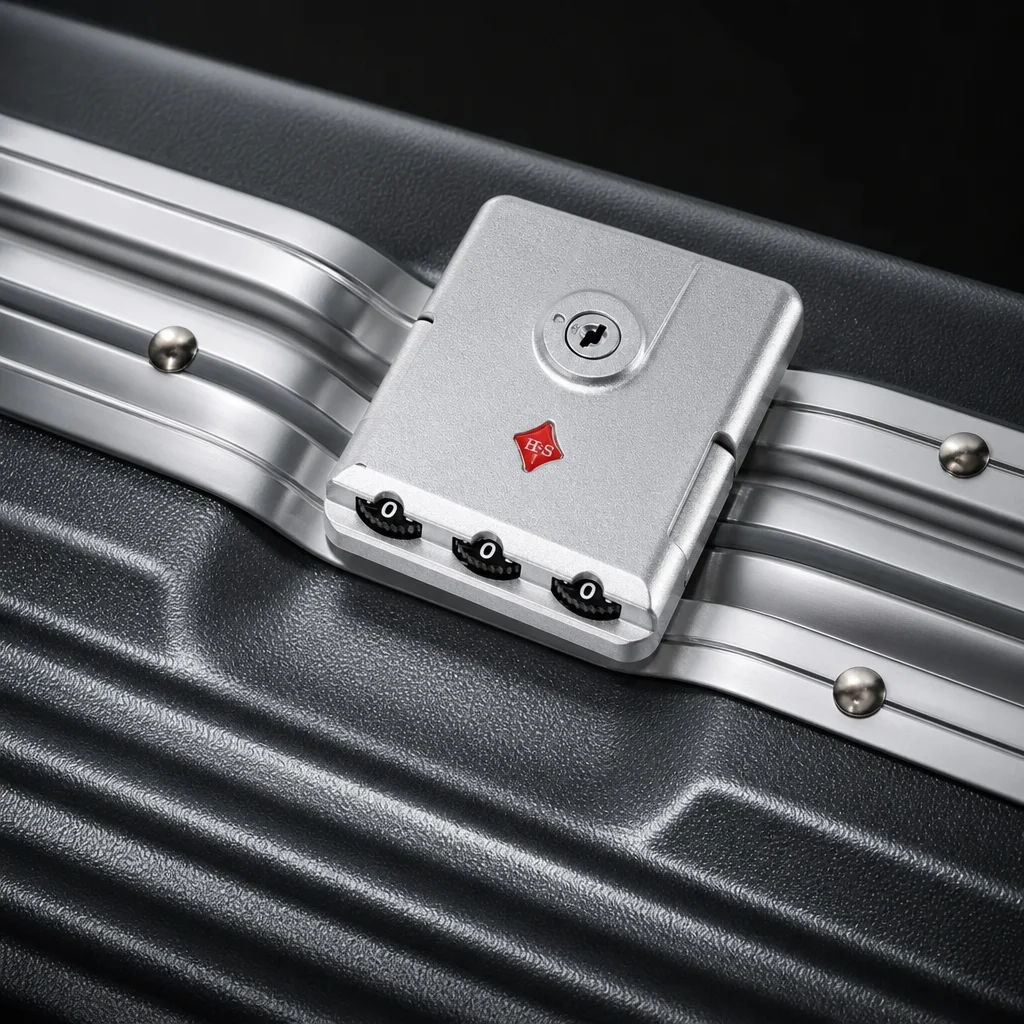 Macro of the combination lock set into the aluminum frame