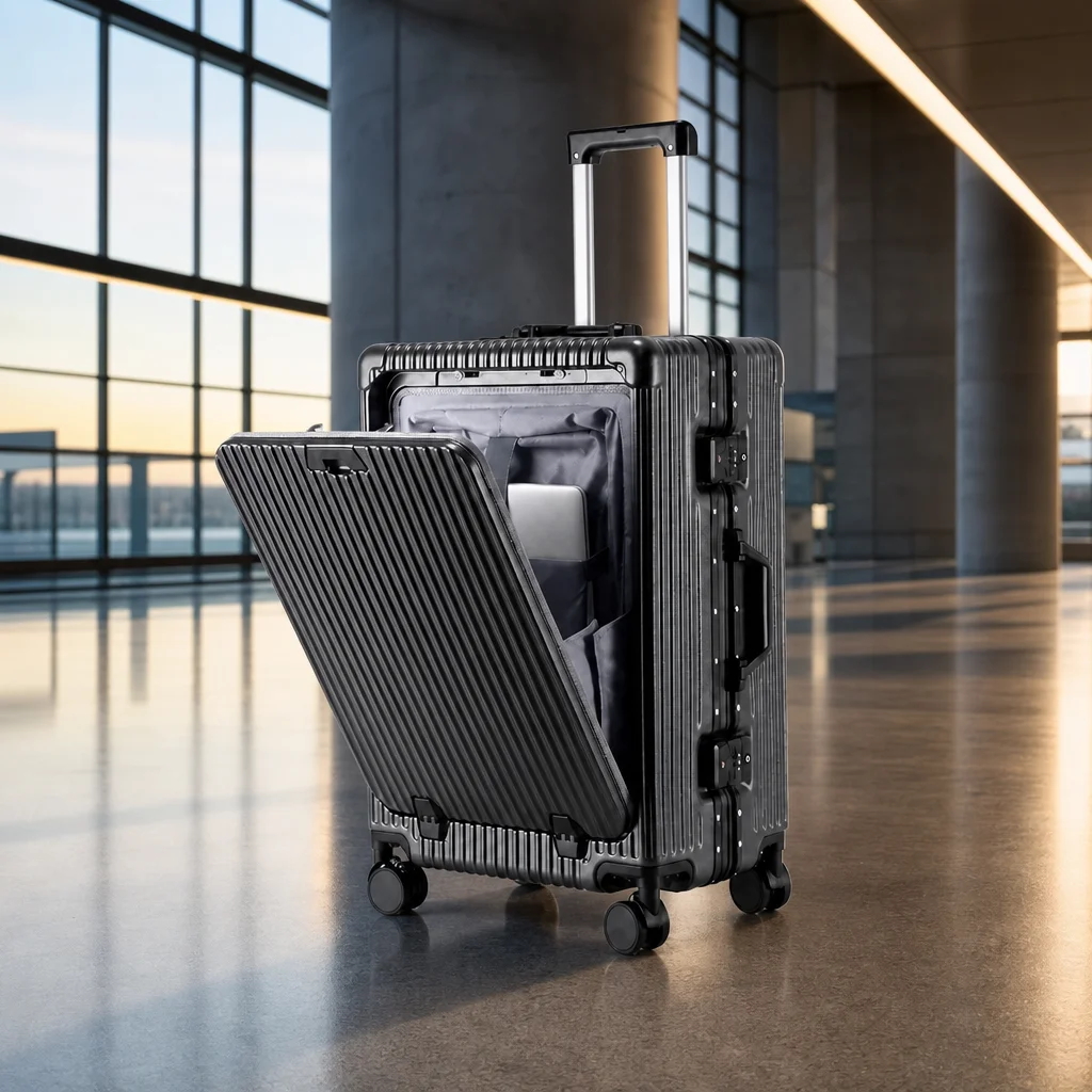 The case standing in a modern glass and concrete airport at blue hour