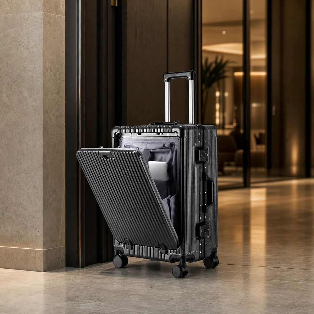 The case beside a minimal stone and wood hotel lobby doorway