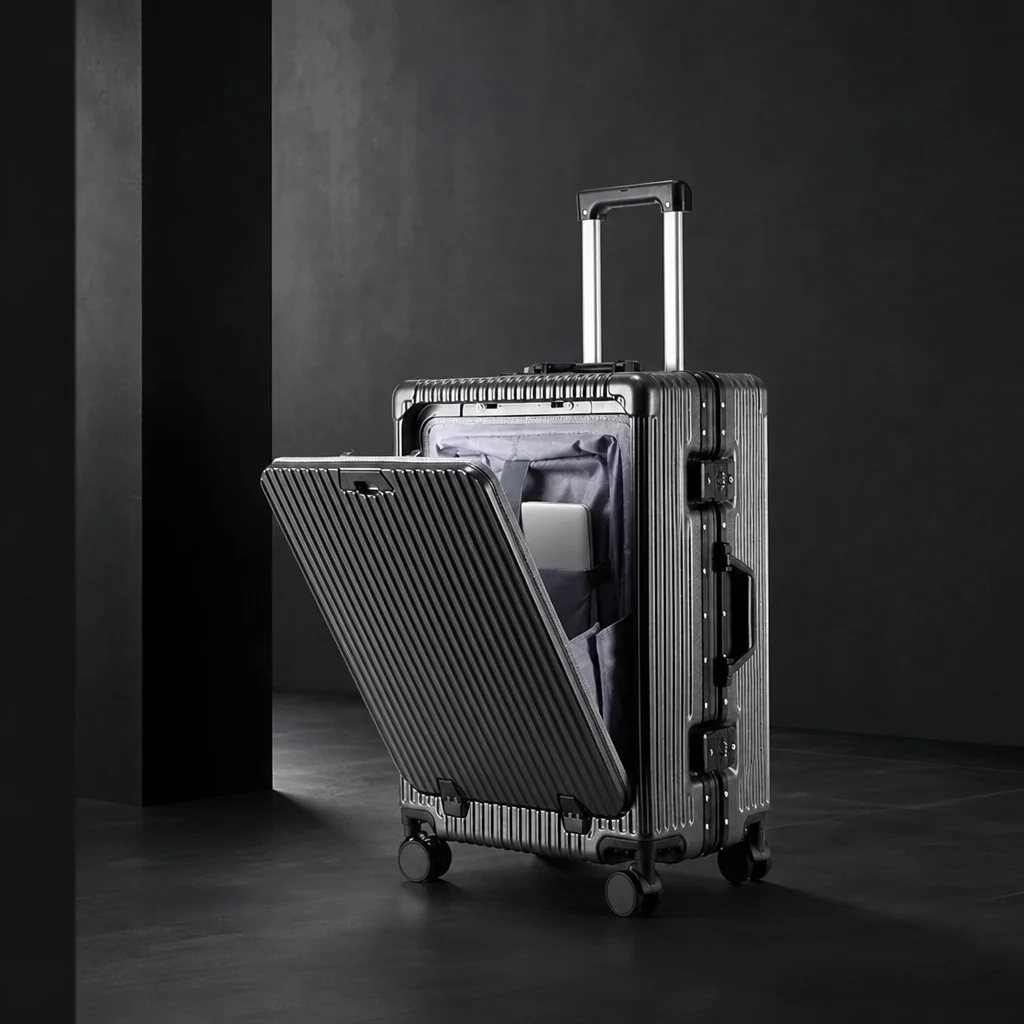 The front access compartment of the carry-on opened, lit in a dark studio
