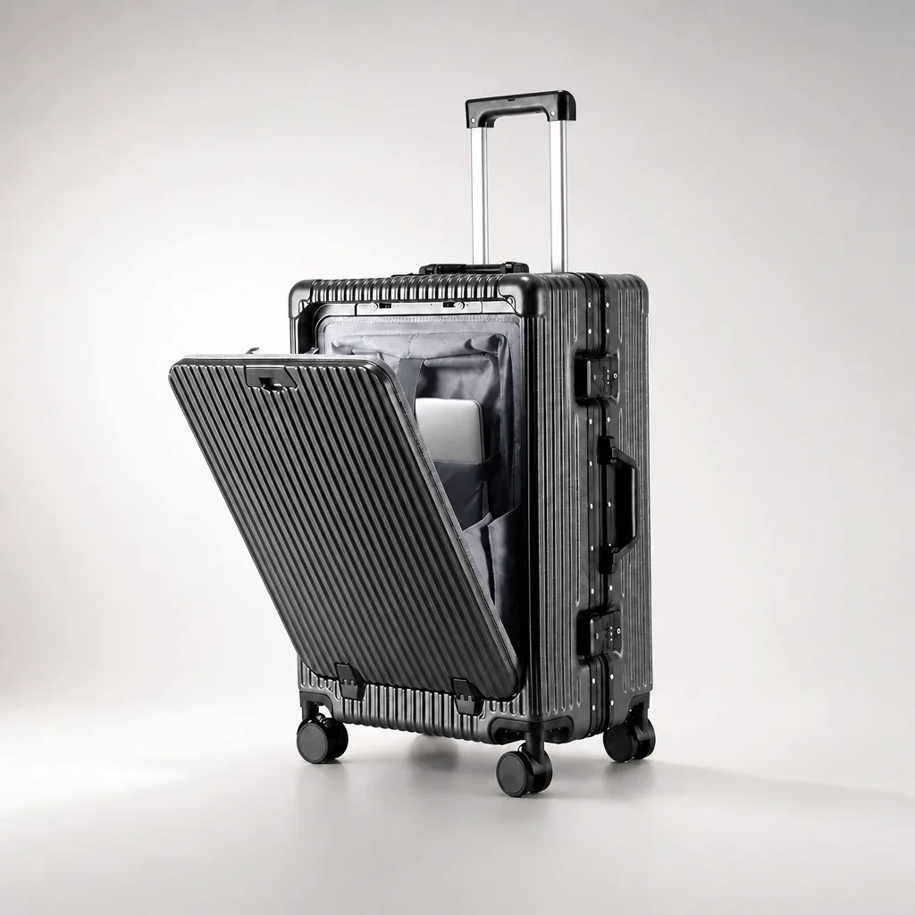 The aluminum-frame carry-on in a warm titanium studio