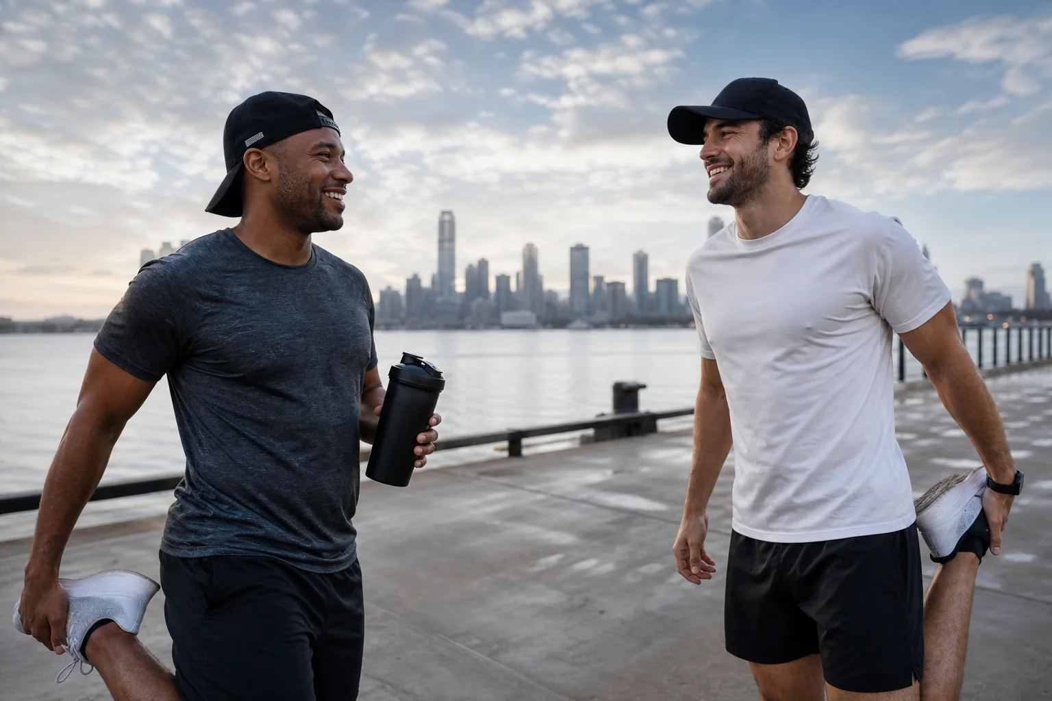 Friends stretching after a morning run on the city waterfront