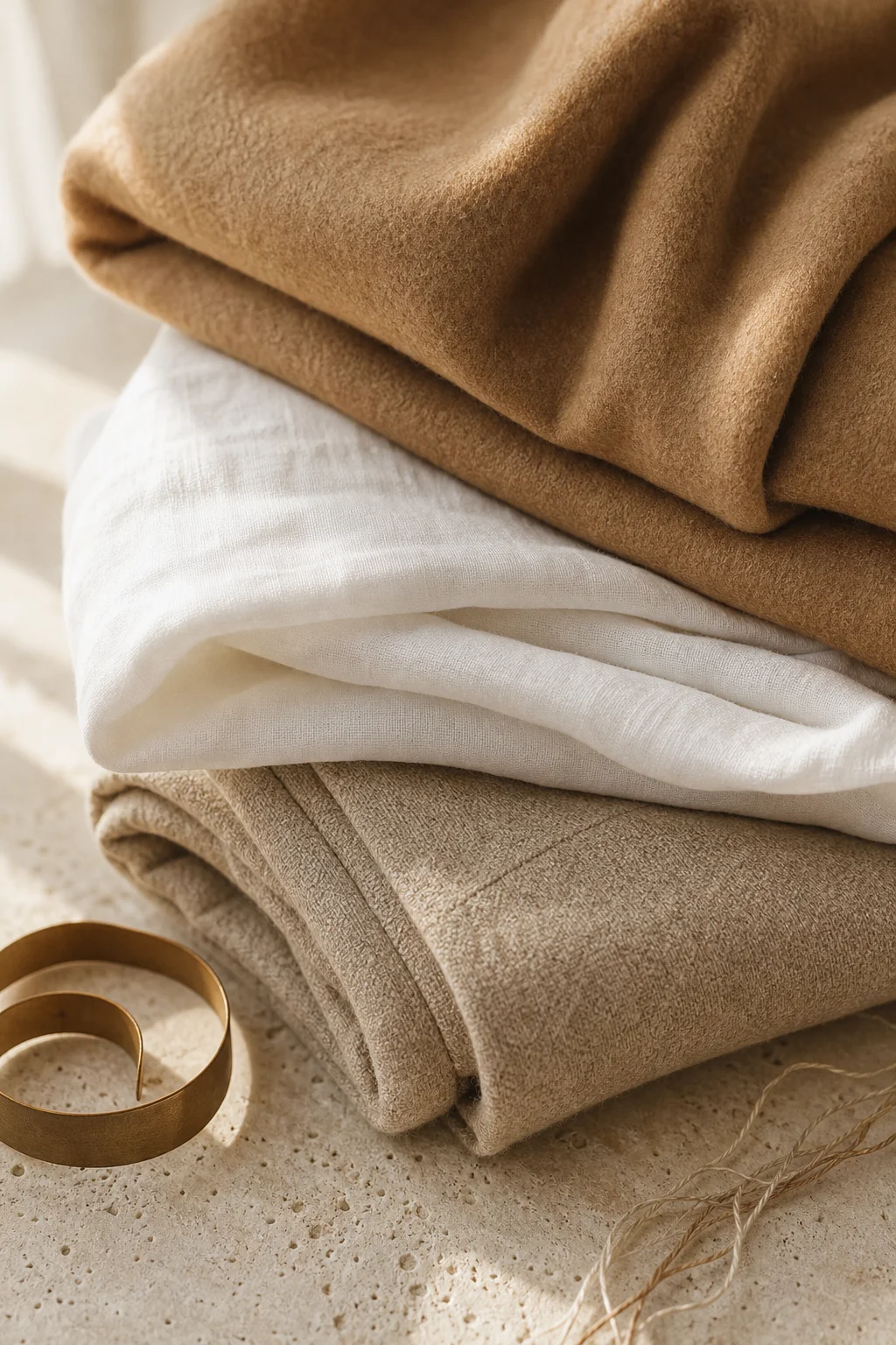 Folded camel wool, white linen and sand wool fabric on a travertine table