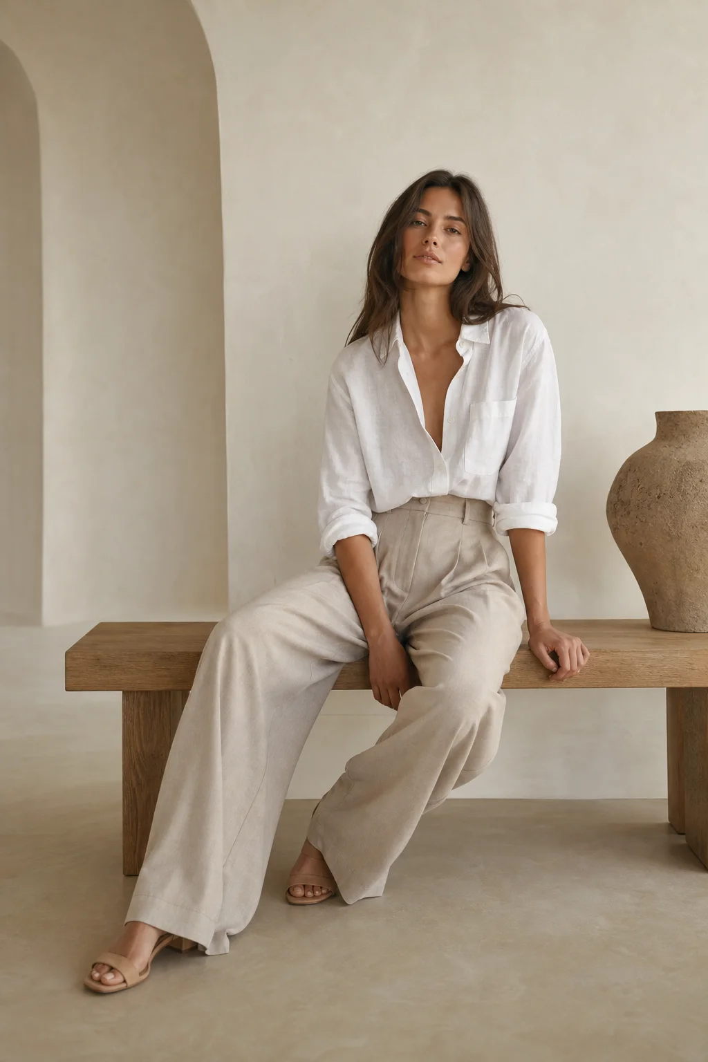 A woman seated on an oak bench wearing a white linen shirt and sand wide-leg trousers