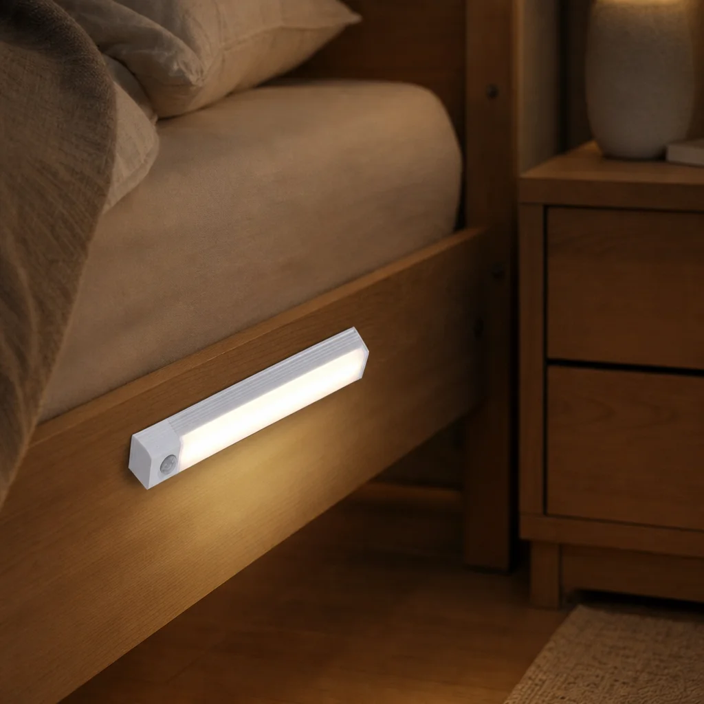 A light bar illuminating the side of a wooden bed in a softly styled bedroom