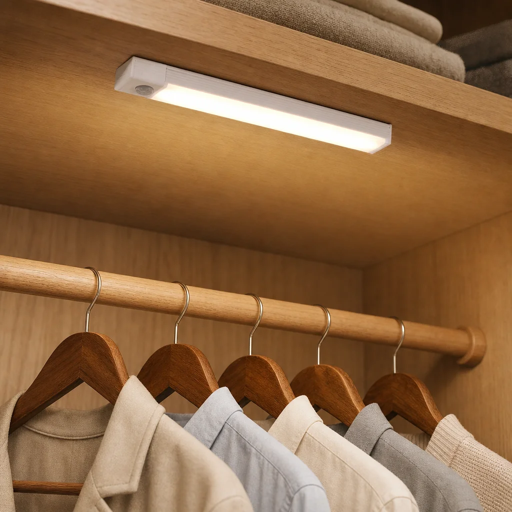 Warm light beneath a wardrobe shelf above neutral clothes on wooden hangers