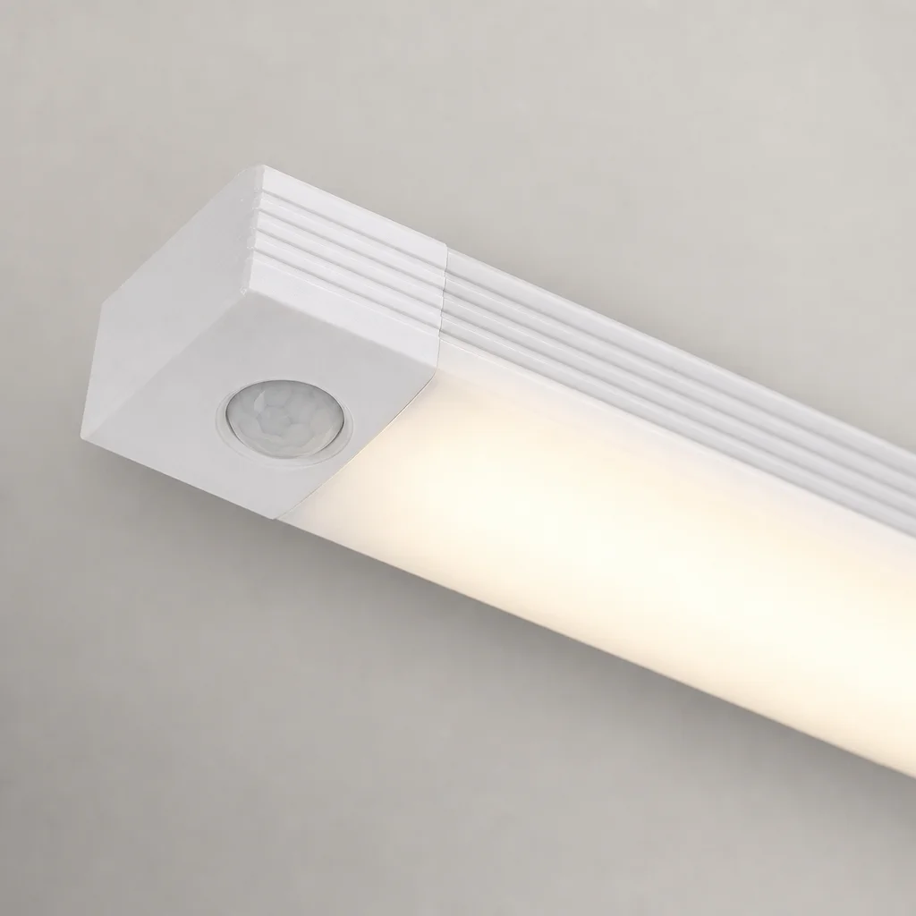 Close-up of the white light bar housing, diffuser and circular motion sensor