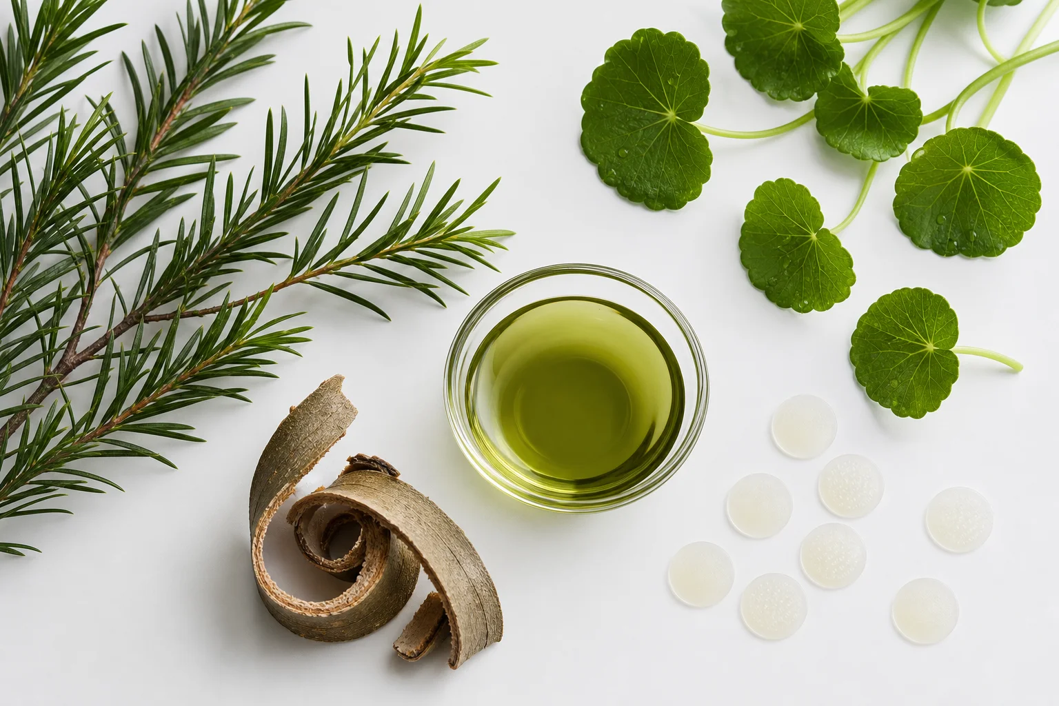 Tea tree, centella and willow bark arranged with herbal patches