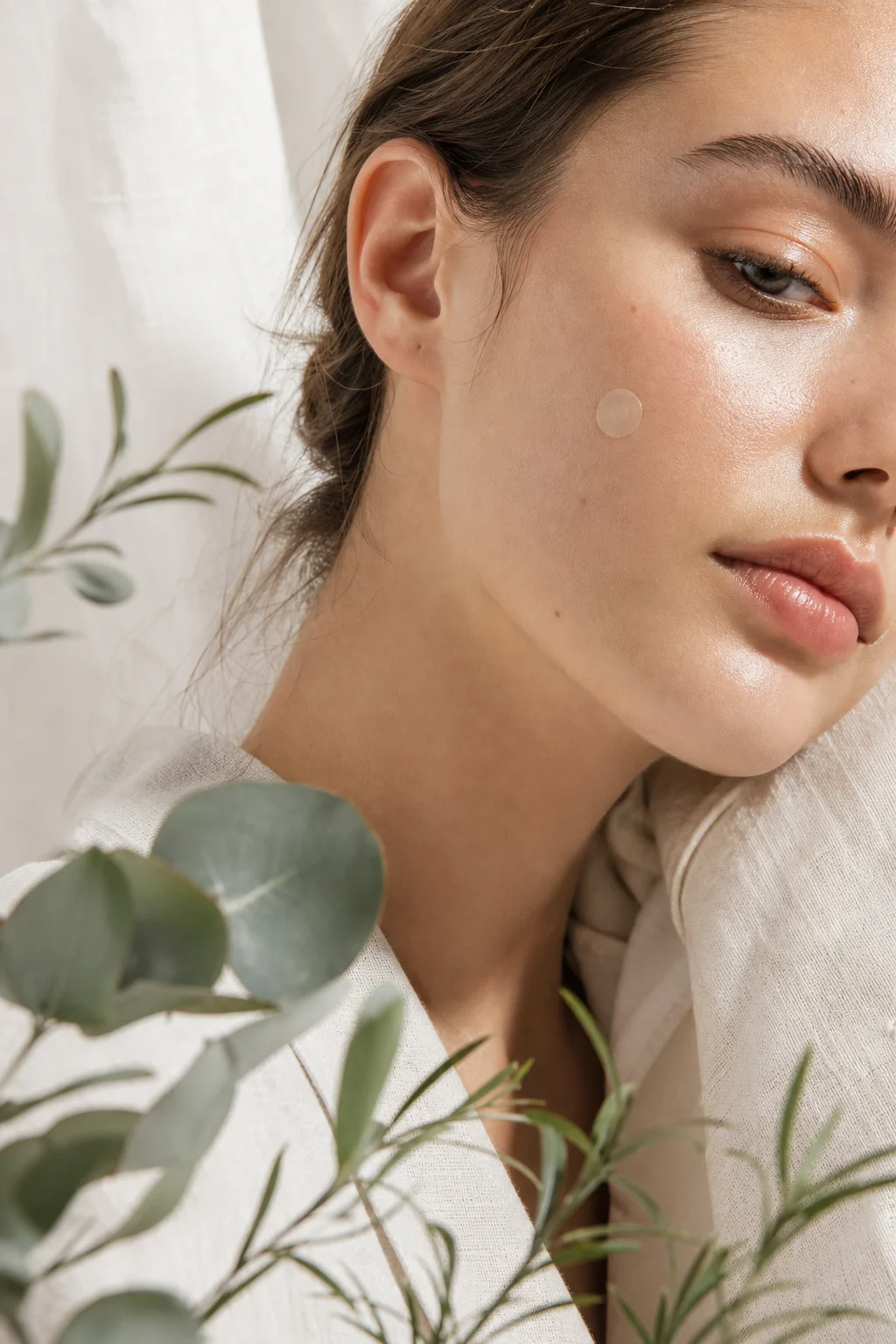 Close-up of clear skin wearing a near-invisible herbal patch