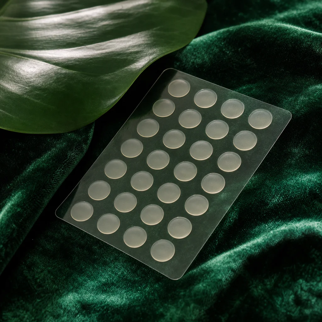 Sheet of herbal hydrocolloid patches on deep green velvet