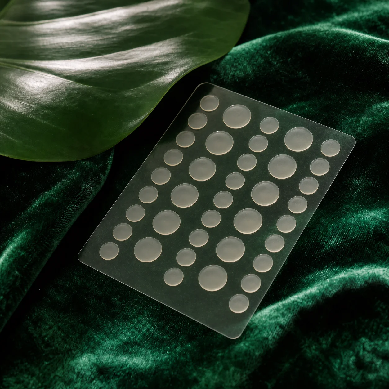 Sheet of herbal hydrocolloid patches on deep green velvet