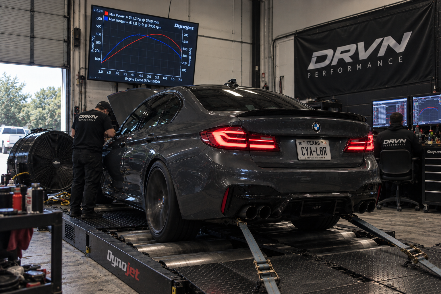 BMW M5 on the dyno in the DRVN Performance workshop
