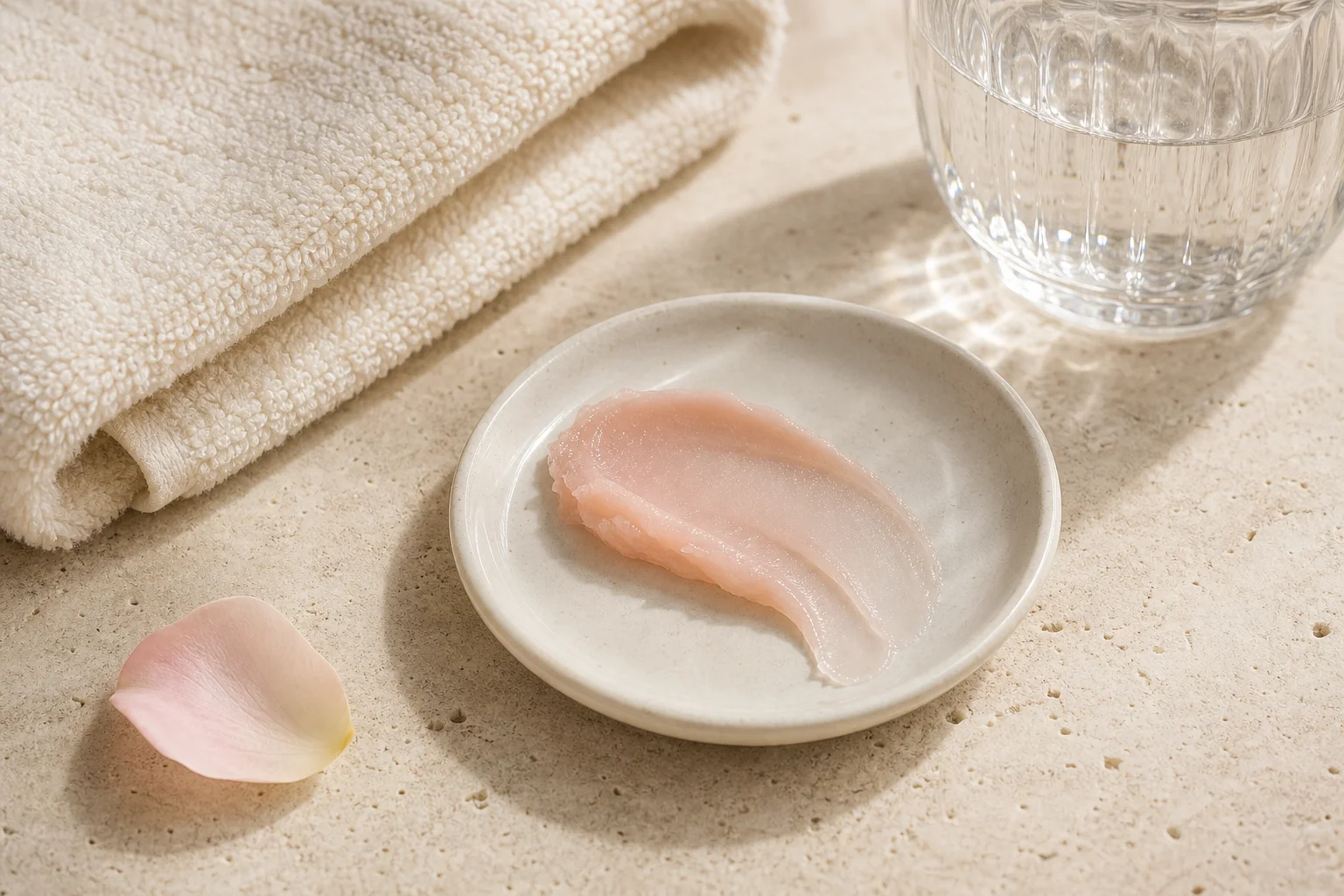 Soft linen, a porcelain dish and water in the morning light