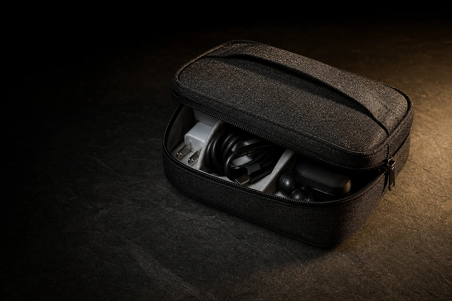 Black travel tech organiser pouch with cables and earbuds on dark stone