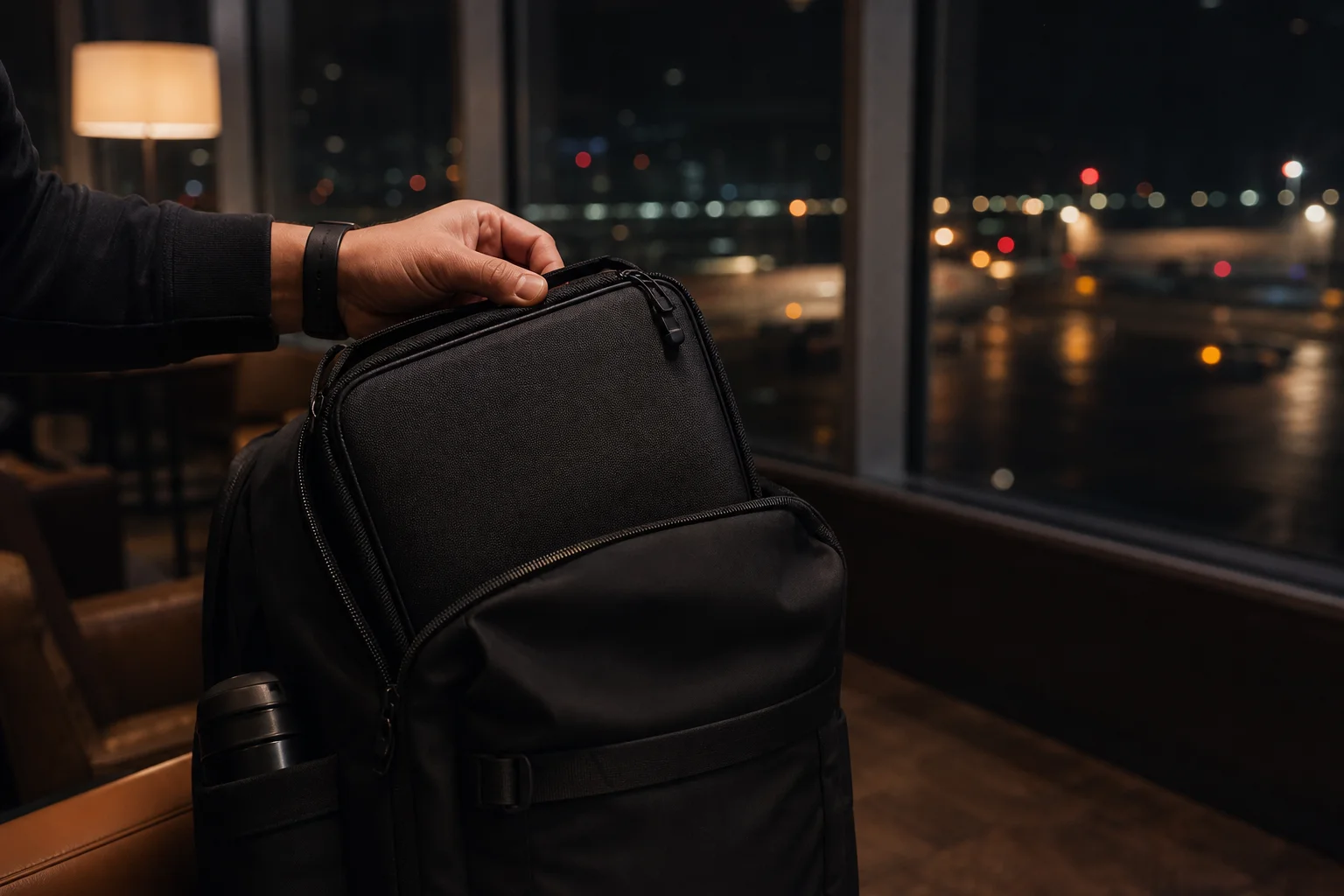 Traveller taking the organiser pouch out of a backpack in an airport lounge
