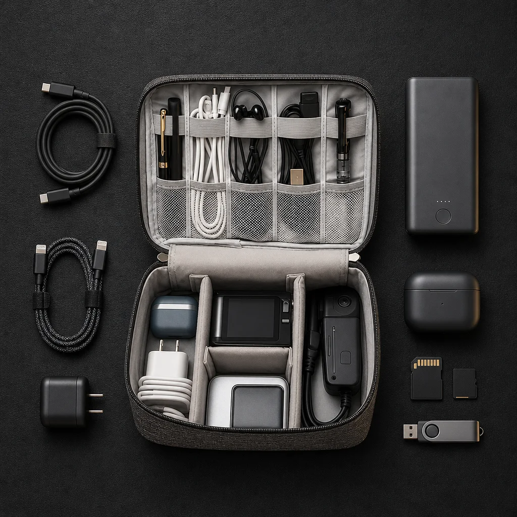 Open organiser pouch surrounded by cables, charger, power bank and earbuds