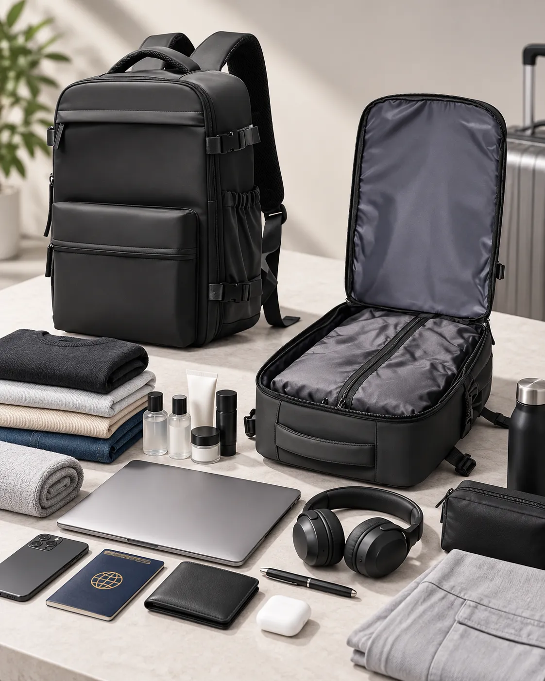 The Vacuum Stow Backpack packed with travel tech