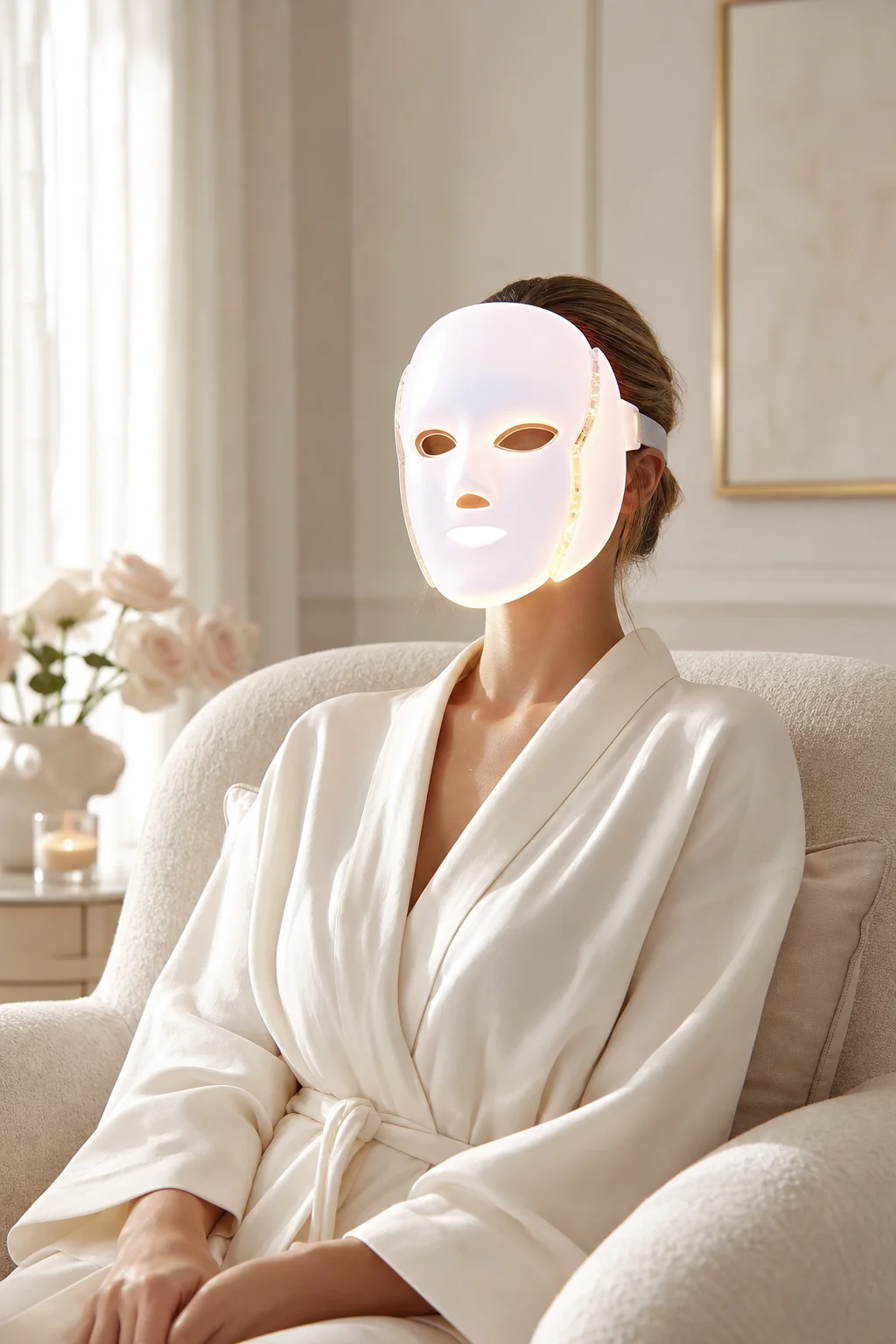 Woman wearing the white LED light therapy face mask at home