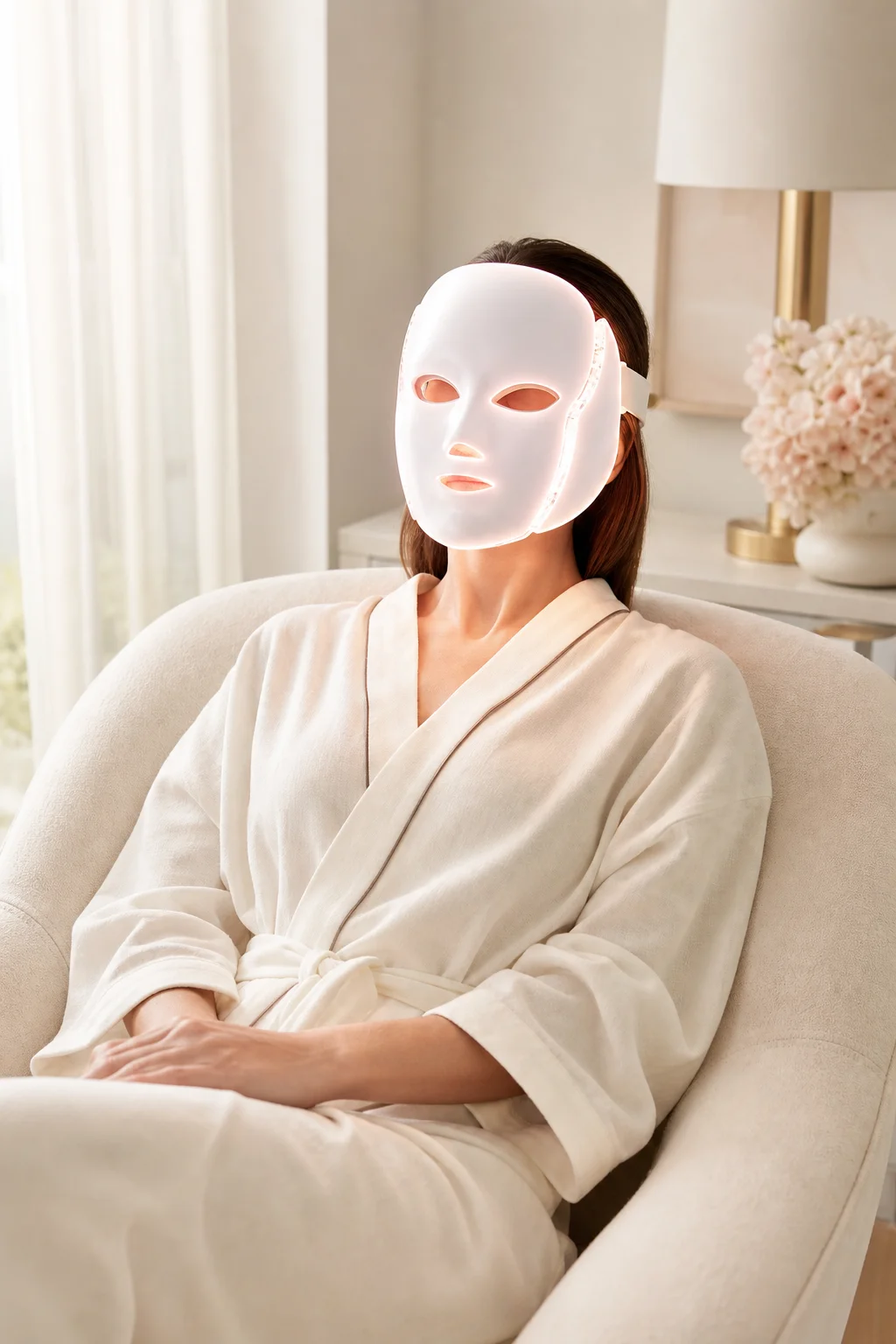 Woman wearing the LED light therapy face mask during an evening at home