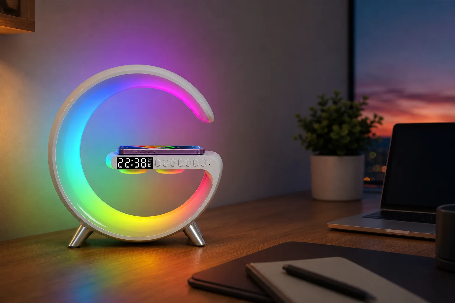 Charger Lamp glowing on a home-office desk with a phone charging on it