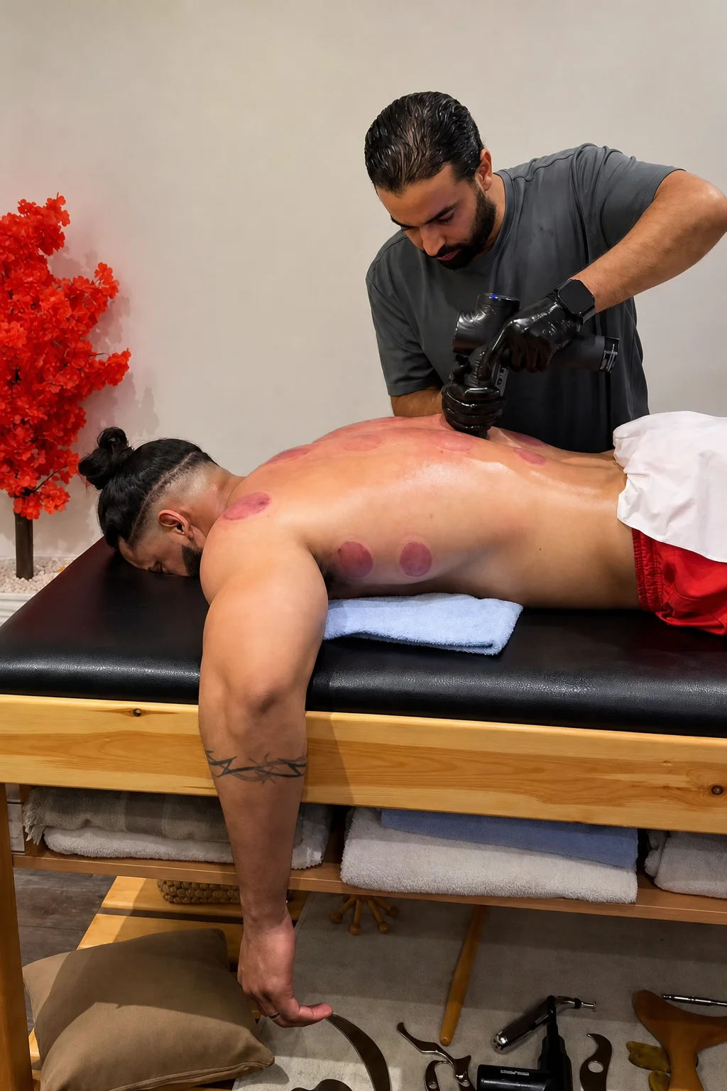 David Taggart giving a hijama and recovery session to a client